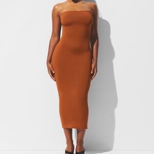 skims brown tube dress Neutral Metallic Ruffle Maxi Dress – Mint Velvet main image 1
